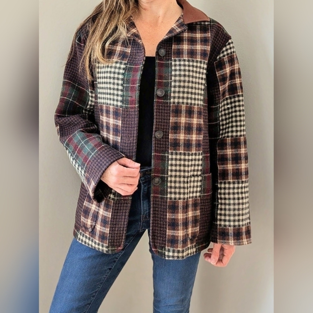 Vintage Wool Plaid Patchwork Button Up Jacket In Burgundy/Brown/Navy